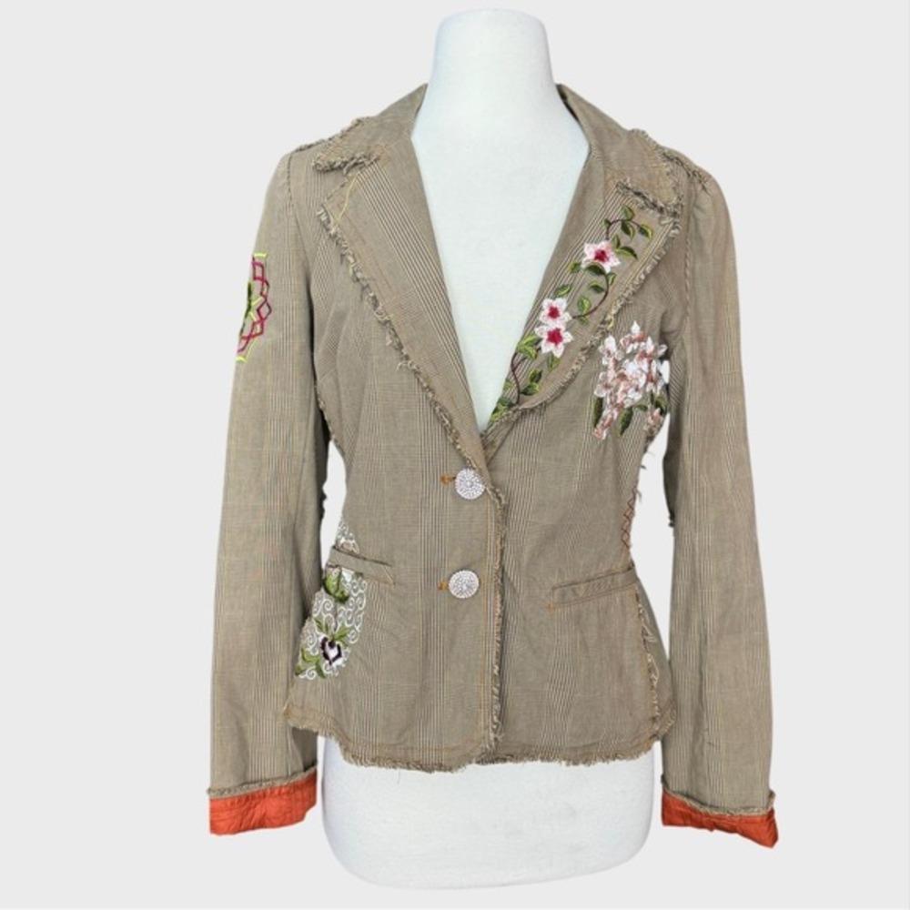 Vtg. Y2K Small Johnny Was 3J Workshop Distressed Embroidered Houndstooth Blazer